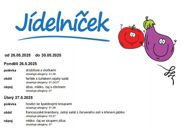 Jídelníček 26. 5. -  27. 5. 2025